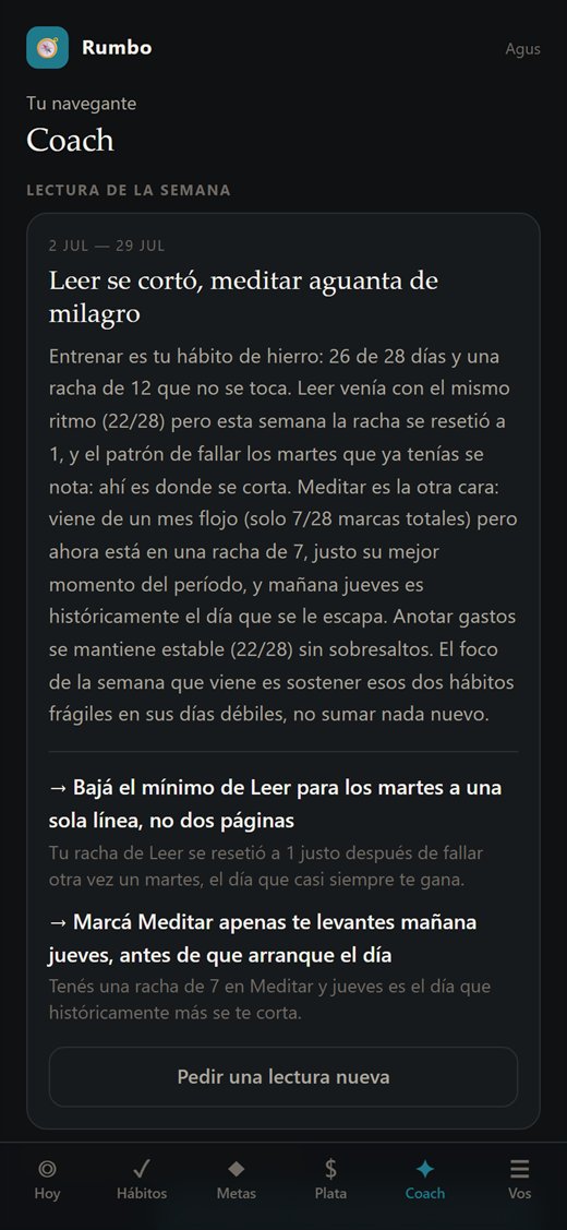 Pantalla Coach: la lectura semanal con el patrón encontrado y dos acciones